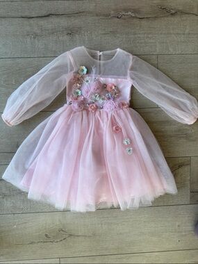 Pink Tulle Floral Appliqué Little Girl Party Dress